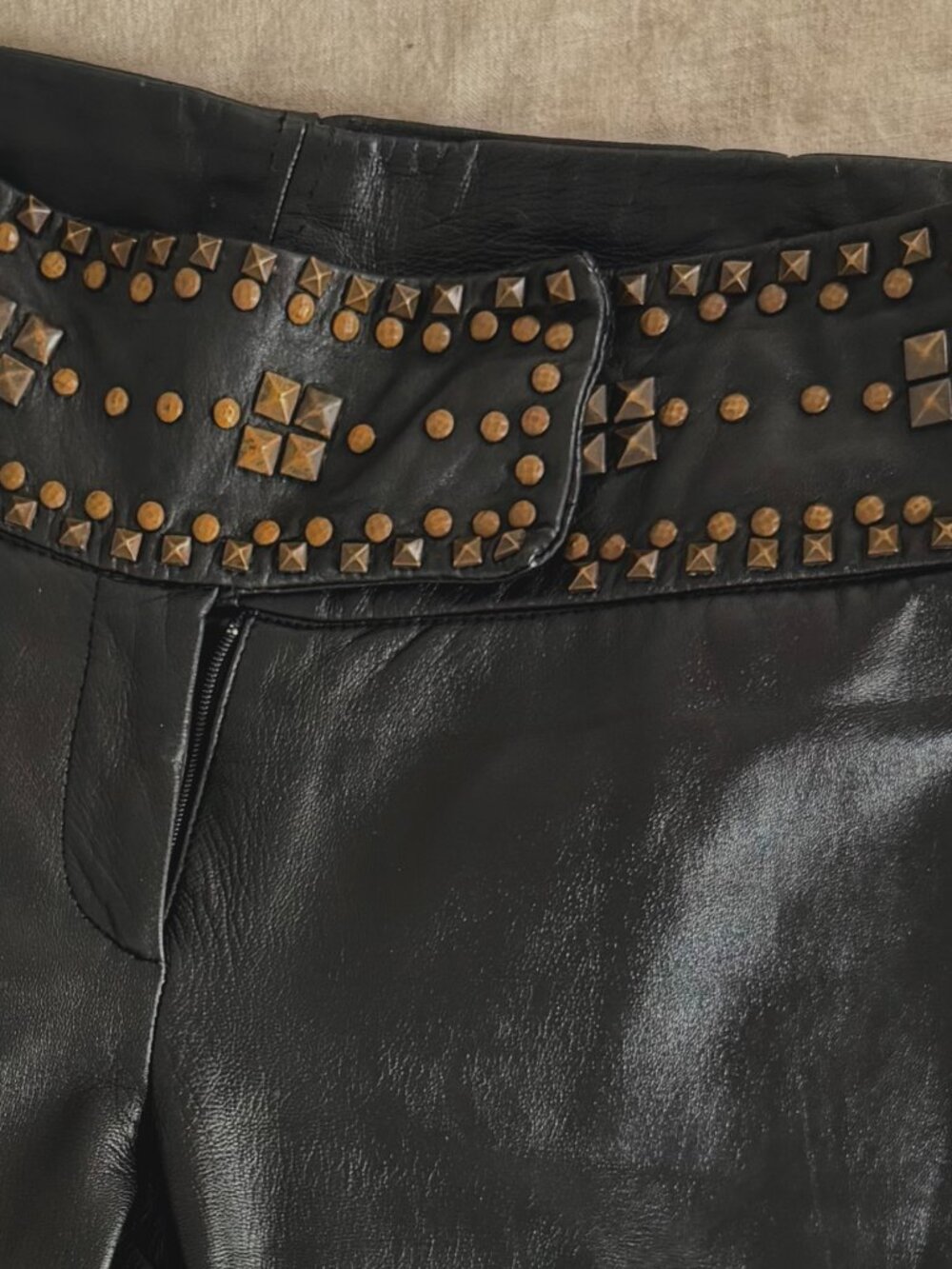 Vintage Black Leather Studded Flare Pants | Y2K Genuine Leather Low Rise